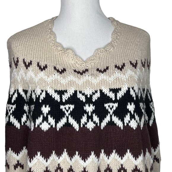 Moda Intl Wool Blend Fair Isle Poncho Shawl Wrap Fringes Size S Beige Black Boho - Picture 5 of 15